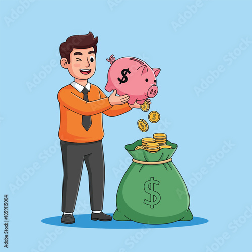 Cartoon Man Saving Money with Piggy Bank and Money Bag.