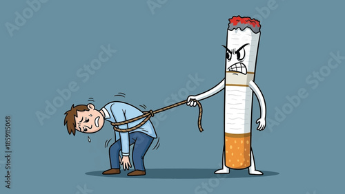 Cartoon man struggling tied by rope to an angry controlling cigarette character.