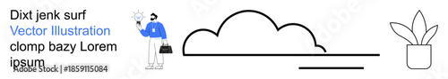 Innovation, business strategy, minimalism, cloud storage, creative thinking, workplace design. A businessman with an idea, cloud outline and potted plant. Innovation and business strategy concept
