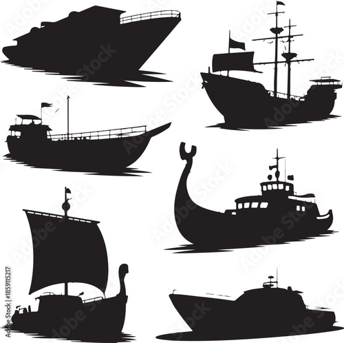 Collection of historical and modern ship silhouettes isolated