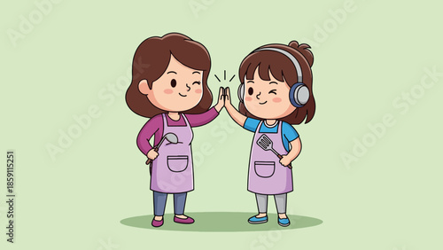 Cheerful cartoon girls in aprons highfiving celebrating teamwork and friendship with cooking tools.