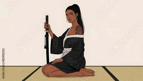 Flat vector illustration of a black woman in a traditional outfit with a katana in her hands