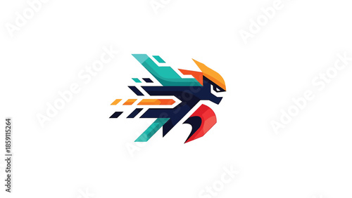 Dynamic abstract bird logo design with vibrant colors and modern style.