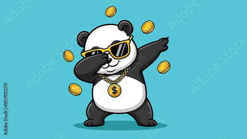 Cool Cartoon Panda Dabbing with Sunglasses Gold Dollar Chain and Floating Coins.