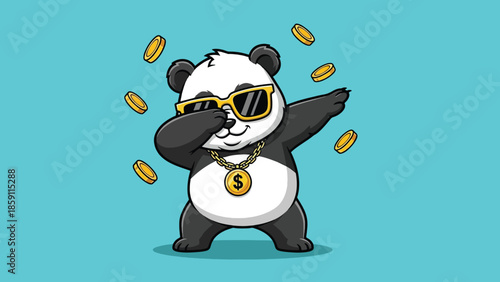 Cool Cartoon Panda Dabbing with Sunglasses Gold Chain and Flying Coins.