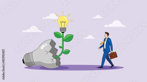 Creative idea plant with glowing lightbulb growing from broken bulb businessman walking.