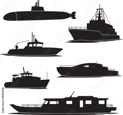 Collection of different types of boats and ships silhouette illustration