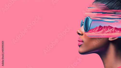 Woman in virtual reality glasses sees a digital landscape with pink mountains.