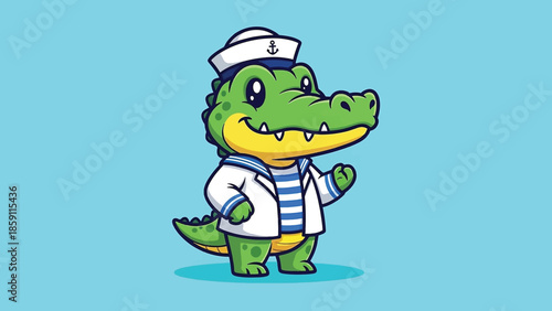 Cute cartoon alligator character dressed as a sailor smiling and waving.