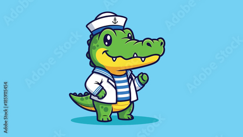 Cute Cartoon Alligator Sailor Character Waving Hand.