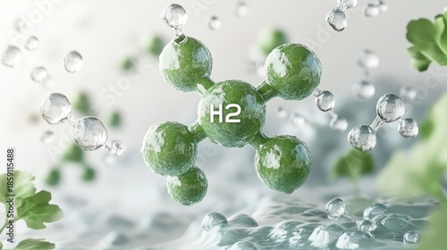 Green hydrogen molecule with water droplets and leaves, clean energy concept.