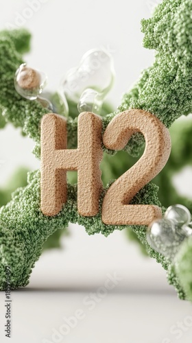 Green hydrogen molecules H2 with water bubbles on natural plant structure for clean energy concept.