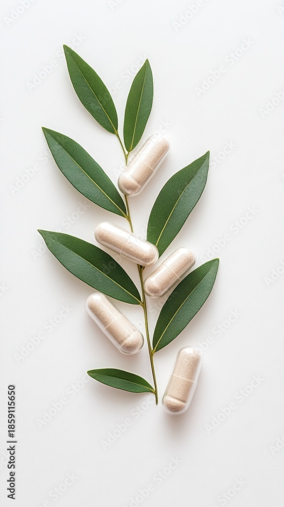 Obraz premium Natural capsules and tablets with green leaves on a white background.
