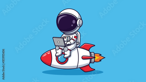 Cute cartoon astronaut riding a rocket working on a laptop space exploration concept.