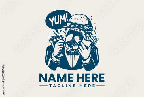 A blue-toned illustration of a man in a suit eating a burger with a speech bubble saying 'YUM!' and customizable text fields for 'NAME HERE' and 'TAGLINE HERE' in a graphic design concept.