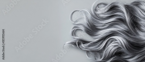 Flowing strands of grey and white hair creating elegant curves against a soft neutral background.