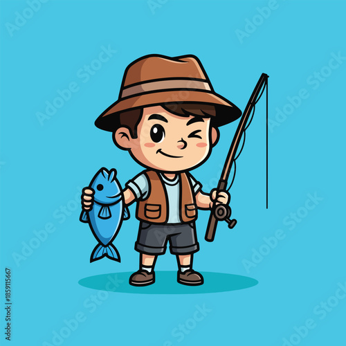 Cute cartoon boy fisherman winking holding a blue fish and fishing rod.