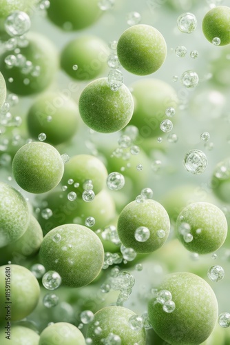 Green hydrogen bubbles forming and rising in clear liquid with suspended spheres.