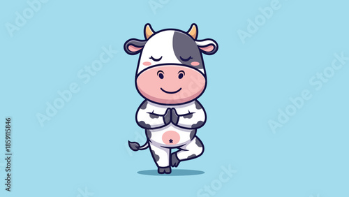 Cute cartoon cow character in yoga tree pose standing on one leg with closed eyes and namaste hands.