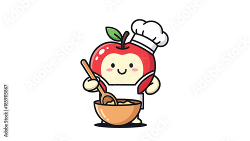 Cute apple chef character preparing food in a wooden bowl with a spoon.