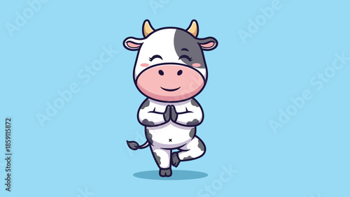 Cute cartoon cow performing yoga tree pose meditating peacefully.