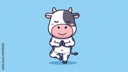 Cute Cartoon Cow Practicing Yoga Tree Pose with Closed Eyes.