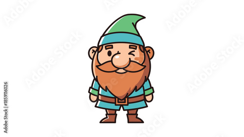 Charming cartoon gnome winking, wearing a green hat and a long orange beard.