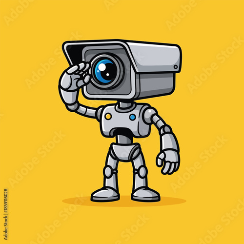 Cute cartoon robot character with a CCTV camera head saluting representing security and surveillance.