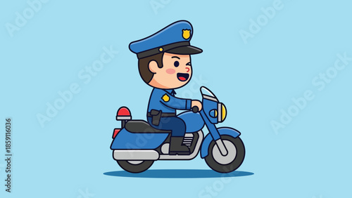 Cute Cartoon Police Officer Riding Blue Motorcycle Illustration.