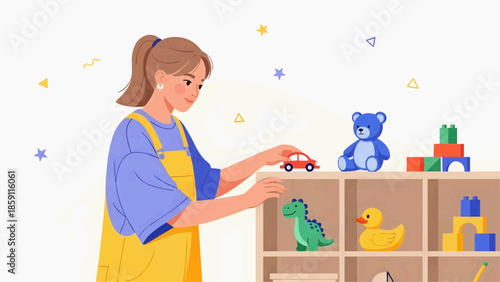Flat vector illustration of a young woman arranging toys on a shelf in a playroom