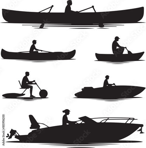 Silhouettes of people in different types of boats and watercraft