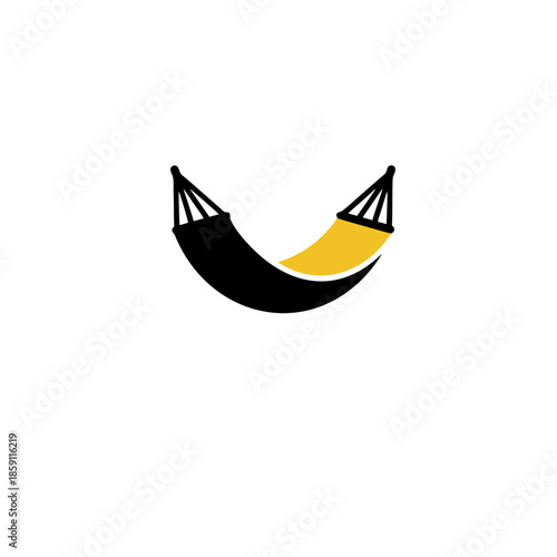 Simple black and yellow hammock icon on a white background, symbolizing relaxation and leisure