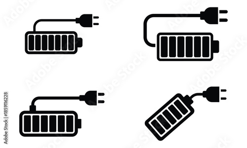 Battery Charging Icons Set with Power Plug and Energy Levels
