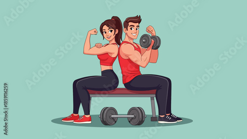 Fit cartoon couple exercising with dumbbells flexing biceps on a gym bench.