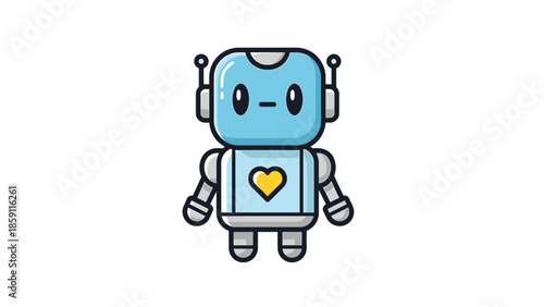 Cute blue robot character with heart on chest, smiling and friendly.