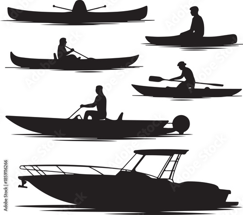 Collection of different boats and paddling silhouettes isolated on transparent background