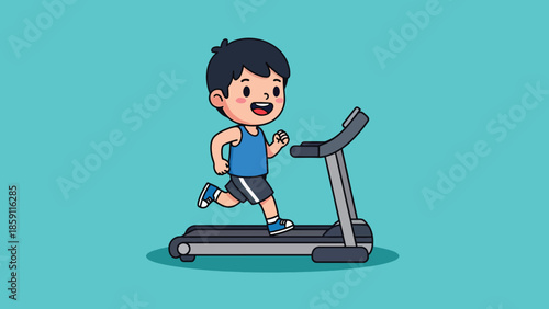 Happy cartoon boy running on a treadmill for fitness and exercise.