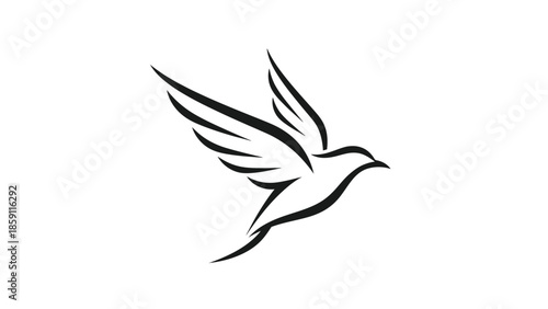 Elegant black bird silhouette soaring gracefully against a white backdrop, minimalist design.