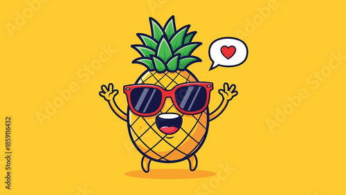 Happy Cartoon Pineapple Character Wearing Sunglasses with a Heart Speech Bubble.