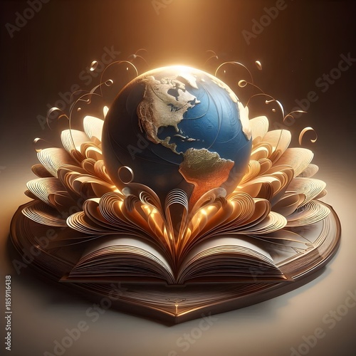 International Day of Education concept. World or earth globe isolated on book pages in round shape