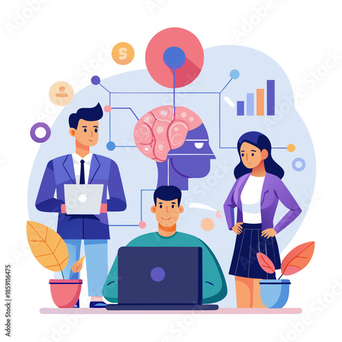 AI Teamwork and Data Analysis Illustration