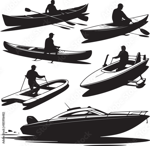 Collection of different watercraft and paddling activities illustration