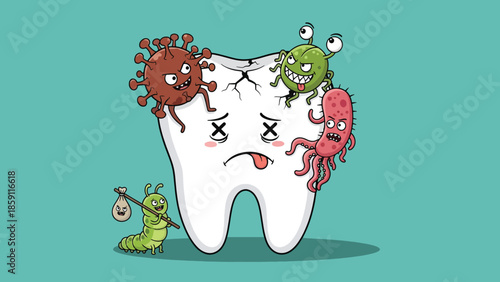 Sad cartoon tooth infected by harmful bacteria and germs.