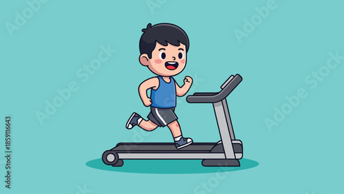 Smiling cartoon boy running on a treadmill for fitness.
