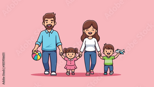 Smiling cartoon family of four walking handinhand father holding ball son with toy plane.