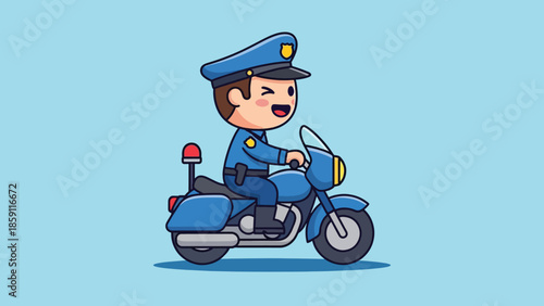 Smiling cartoon police officer in blue uniform riding a motorcycle with a red siren light.