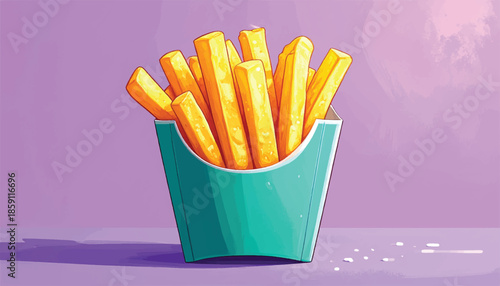 Illustration of Golden French Fries in a Teal Container.