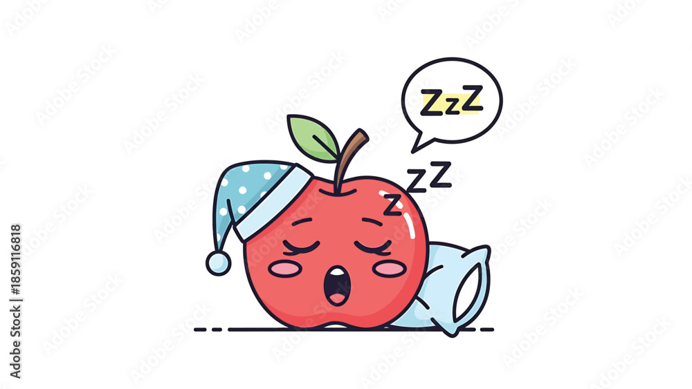 Obraz premium Cute cartoon apple sleeping soundly with a nightcap and pillow dreaming.