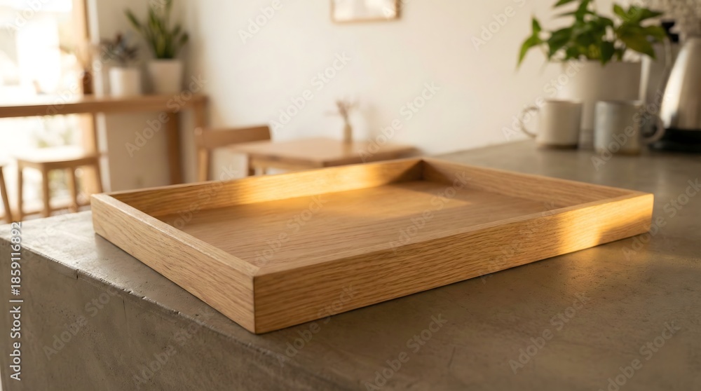 Fototapeta premium Empty Wooden Tray on Concrete Counter with Natural Light
