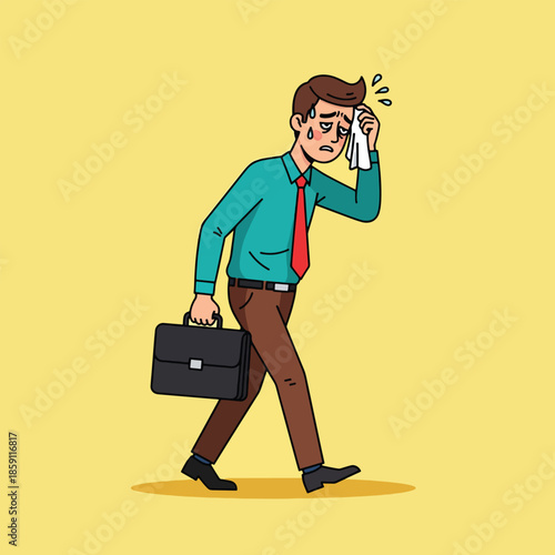 Sweating businessman wiping forehead looking exhausted and stressed carrying a briefcase.